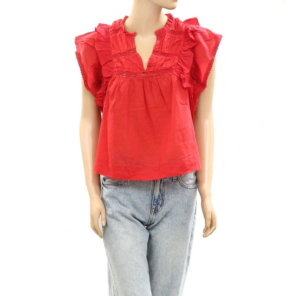 Neo Noir Jayla S Voile Blouse Top Lace Ruffle Red Cotton V neck XS-34 278254